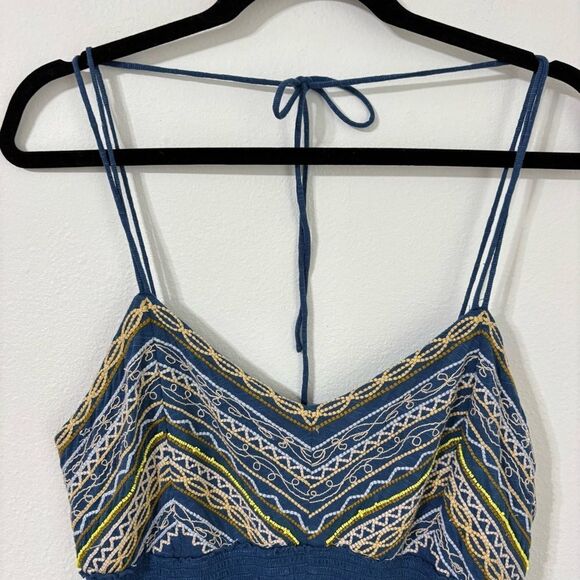 Free People XL Blue Babydoll Cami Top Cotton Linen Blend Embroidered Boho Hippie - Picture 9 of 14
